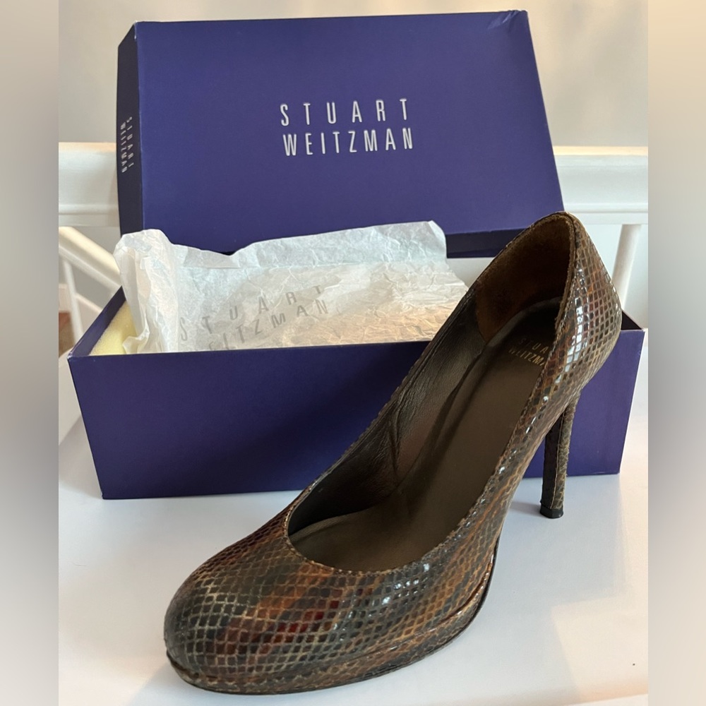 EUC STUART WEITZMAN Tobasco Tweed Snakeskin Heels
